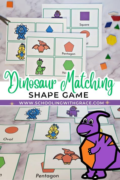 If you are looking for a fun and engaging way to help your little ones learn shapes and develop important cognitive skills this Dinosaur Shape Matching Game is the perfect way to do it. This colorful and interactive game is designed specifically for preschoolers, combining their love of dinosaurs with shape recognition and matching activities. Dinosaur Letter Activities, Dinosaur Crafts Preschool, Shape Matching Game, Dinosaur Activities Preschool, Learn Shapes, Shape Activities Preschool, Letter Worksheets For Preschool, Matching Activities, Dinosaurs Preschool