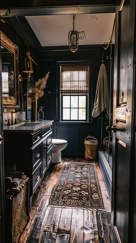 Black Monochromatic Bathroom, Bathroom Interior Inspiration, Bathroom Interior Design Classic, Modern Vintage Interior Design Living Rooms, Rustic Moody Decor, Dark Tiny Bathroom, Dark Toned Living Room, Dark Modern Victorian Interior, Moody Gothic Living Room