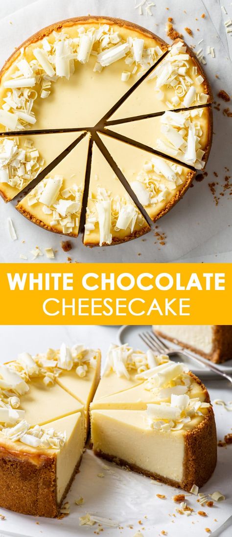 Cheesecake Recipes White Chocolate, White Chocolate Cheesecake Recipes Easy, Baked Cheesecake Flavours, White Chocolate Topping, Flavored Cheesecake Recipes Easy, White Chocolate Deserts, White Chocolate Cheesecake No Bake, Oven Baked Cheesecake, Flavored Cheesecake Recipes