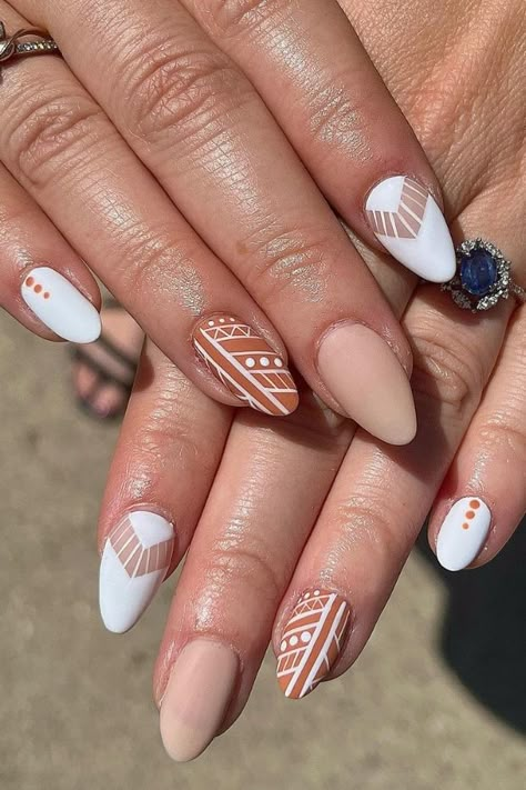 @ Bobo Nail Art, Bridal Nails Wedding Boho, Boho Manicure Ideas, Beach Boho Nails, Simple Aztec Nail Designs, Boho Toe Nail Designs, Western Inspo Nails, Nail Designs Cactus, Sedona Inspired Nails