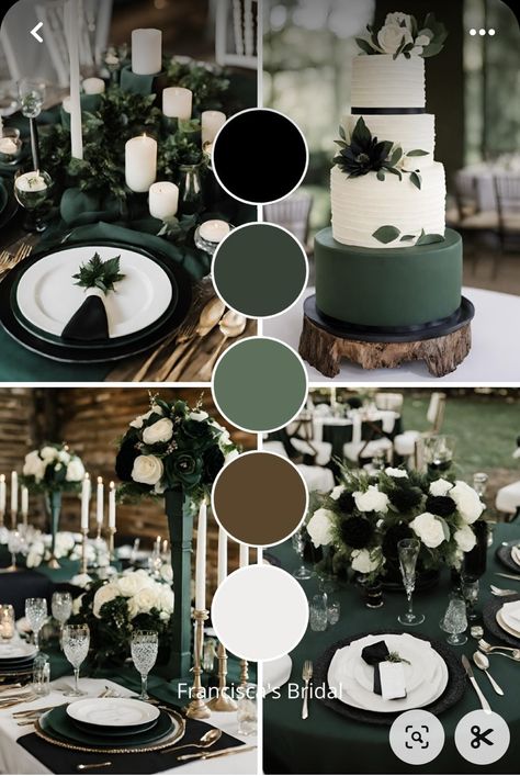 Green And Rustic Wedding Theme, Wedding Forest Green Color Schemes, Midnight Green Wedding Theme, Emerald Green And Black Fall Wedding, Black Wedding Color Schemes Fall, Black Green And Brown Wedding, Twilight Wedding Colors, Dark Green Silver Wedding, Deep Green And White Wedding