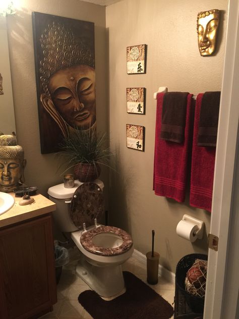 Buddha inspired restroom! Buddah Theme Bathroom, Buddha Bathroom Ideas, Asian Themed Bathroom, Buddha Bathroom, Event Marketing Design, Buddha Home Decor, Beautiful Bathroom Decor, Bedroom Comforter Sets, Bathroom Design Styles