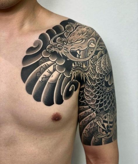 Chest To Bicep Tattoo Men, Cover Up Tattoo Chest, Japanese Chest Tattoo, Shoulder Flower Tattoo, Tattoo Sleeve Cover Up, Top Of Shoulder Tattoo, Polynesian Tattoo Sleeve, Dragon Tattoo Chest, Japanese Hand Tattoos