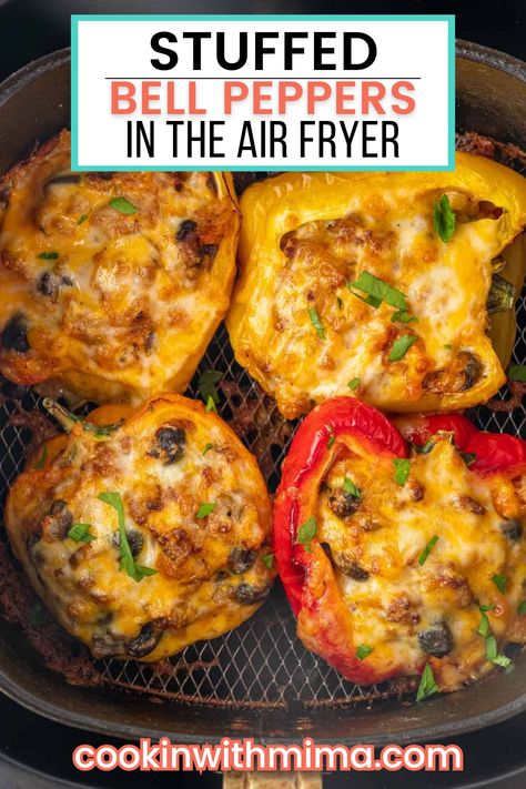 Make these Stuffed Bell Peppers in the Air Fryer for an easy meal that’s super flavorful and healthy! These peppers are packed with nutrients and they’re so delicious! They come together quickly too, and in under an hour you have tasty, cheesy, and beefy peppers ready to be devoured! Try them today! Taco Stuffed Peppers Air Fryer, Stuffed Bell Peppers Air Fryer Recipes, Low Calorie Stuffed Bell Peppers, Stuffed Bell Peppers Air Fryer, Air Fryer Bell Peppers, Air Fryer Stuffed Peppers, Stuffed Peppers Recipe, Bell Pepper Recipes, Date Night Recipes