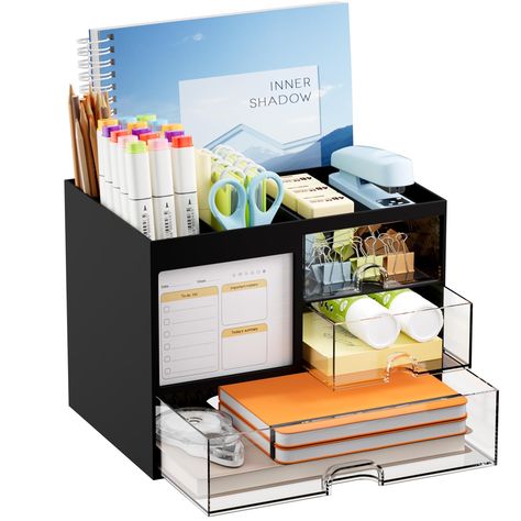 PRICES MAY VARY. 【Larger Capacity】Set of 2 compartments pen holder, 1 top tray, 1 notebook holder, and 2 drawers + 1 larger drawer organizer which has enough storage to allow for office supplies organization. Large capacity, multifunction help you arrange the desk accessories and stationaries clean and tidy.The best and safest storage option for you. Perfect Size:8*5.6* 6.1inch 【Daily Memo for Free】This humanized desktop storage box is not only perfect for storing your desktop stationery but als Organized Office Desk At Work, Black Desk Organizer, Modular Desk Organizer, Small Office Desk Organization, Stationary Supplies Organization, Desk Tidys, Office Space Organization, Organizing Ideas For Desk, Home Office Desk Organization