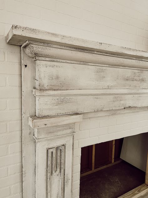 Distressed Mantle Fireplace Mantels, Antique Mantel Fireplace, Painted Antique Fireplace Mantel, Distressed Fireplace Mantel, Mantel Color Ideas, Repaint Fireplace, Painting Fireplace Mantel, Antique Mantle Fireplace, Old Fireplace Mantle