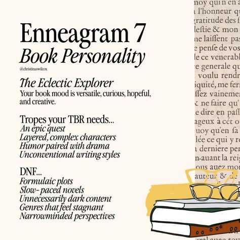 enneagram 7s in my real life are very interested in classics, nonfiction, and fiction - so these results were super interesting to me! Continuing my new bookish series where I share some data about your most voted favorite genres, tropes, etc. based on your enneagram type! Enneagram 7s definitely have a unique taste in books, more than people realize i think! 🙊 My favorite part about the enneagram 7 data was how some of y’all were reading freaking russian lit?! 5s are up next! #Enneagra... 7 Enneagram, Type 7 Enneagram, Enneagram 7, Enneagram 8, The Enneagram, Enneagram Types, My Favorite Part, Mbti, Projector