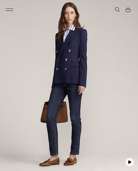 Ralph Lauren Blazer Outfit Women, Ralph Lauren Jacket Women, Ralph Lauren Outfits Women Casual, Navy Blazer Outfit Women Work, Navy Blue Blazer Outfit Women, Navy Blazer Outfit Women, Navy Blazer Outfits, Moda Casual Chic, Ralph Lauren Womens Clothing