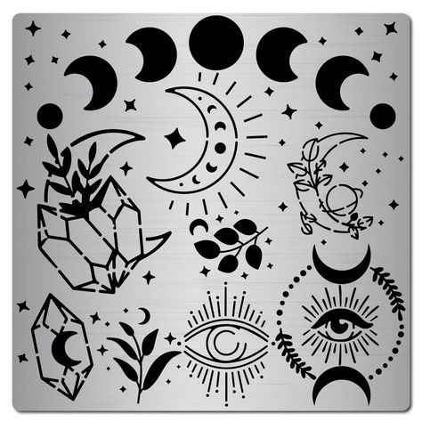 PRICES MAY VARY. METAL STENCIL: Comes with 1 piece of 6.3x6.3 inch moon phase metal journal template, designed with various patterns(moon phase, leaf, eye, branches, etc.), practical and reusable WIDE APPLICATION: Metal templates can not only be used for drawing shapes, scrapbooks, handicrafts, fabrics, canvas, glass, calligraphy and other projects like ordinary painting templates, but also can be applied to spray painting, pyrography, wood burning, leather burning, carving, etc. STAINLESS STEEL