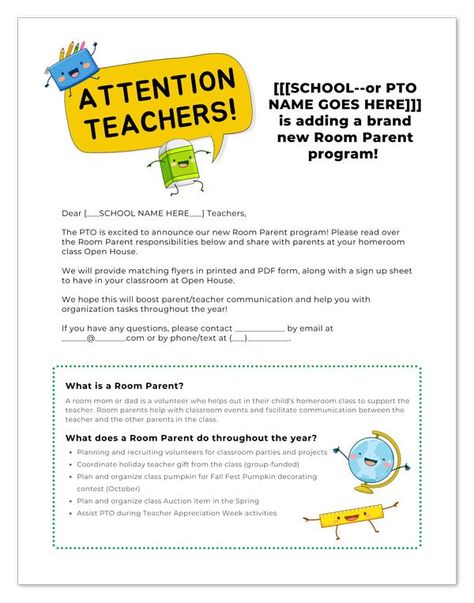 Learn how to start a room parent program with free flyers and templates to make the process easy! Enrich your PTO or PTA with room moms and dads for each classroom. Increase parent volunteer engagement with room parent welcome letter templates, room mom sign up sheets and more! Get more free printables and templates in the Room Mom Resource Library at www.roommomrescue.com! #roommomflyer #roommomtemplates #roommomprintables #roomparenting Room Parent Sign Up Sheet, Pto Letter To Parents, Room Parent Ideas, Parent Welcome Letter, Pta Activities, Childcare Facility, Welcome Back Teacher, Teacher Questionnaire, Pta Membership