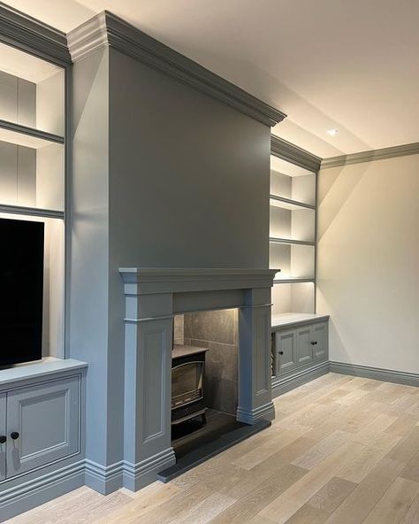 Joinery Either Side Of Fireplace, Chimney Breast Shelf, Living Room Fireplace Ideas Mantels, Lounge Chimney Breast Ideas, Panelled Lounge Ideas, Open Fireplace Ideas Rustic, Panelled Walls Lounge, Wall Paneling Around Fireplace, Faux Chimney Breast