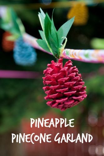 Tropical Christmas Crafts, Christmas Tiki Party, Hawaiian Christmas Decorations Diy, Christmas In July Decorations Diy, Christmas Luau Party Ideas, Palm Fronds Crafts, Winter Luau, Pinecones Decor, Diy Pineapple Decor