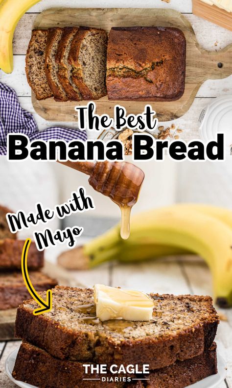 Delicious homemade banana bread made with mayonnaise. Decadently moist and perfect every time! You'll never make your banana bread any other way one you try this recipe! Banana Bread Recipe Mayo, Mayo Banana Bread, Mayonnaise Bread Recipe, Banana Bread Recipe With Mayonnaise, Banana Bread Recipe With Mayo, Banana Bread With Mayo, The Best Banana Bread Recipe, Super Moist Banana Bread, Best Banana Bread Recipe