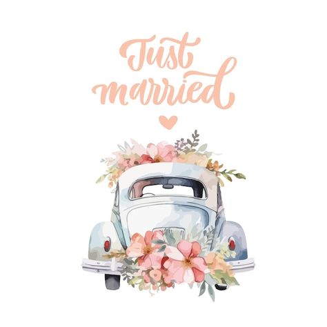 Watercolor wedding car just married isol... | Premium Vector #Freepik #vector #illustration #wedding #clipart #marriage Wedding Car Illustration, Just Married Svg, Just Married Car Drawing, Married Background, Just Married Auto, Wedding Clipart Free, Fake Flower Centerpieces, Wedding Illustrations, Boyfriend Birthday Quotes