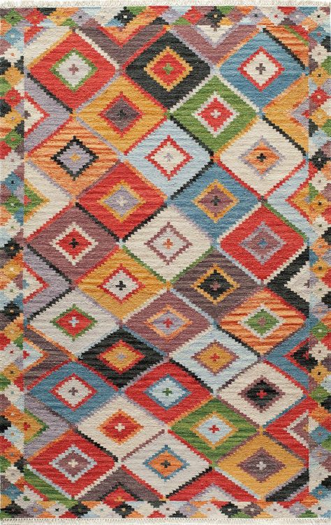 Bright fun colors give a modern twist to the traditional kilim patterns found in the Caravan Collection. Hand woven in India of 100% wool these rugs are reversible and durable. Momeni Rugs, Kilim Pattern, Diamond Rugs, Rug Ideas, Southwestern Area Rugs, Traditional Kilim, Flat Woven Rug, Rug Direct, Patterned Carpet