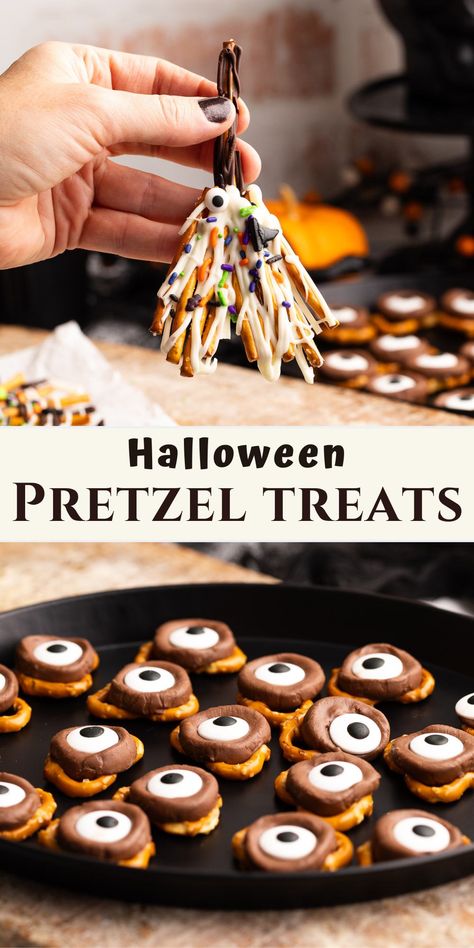 halloween pretzel treat pin. Qtip Halloween Treats, Witch Broomstick Food, Halloween Pretzel Sticks Dipped, Pretzels Halloween Treats, Halloween Snacks With Pretzels, Halloween Mummy Pretzels, Witches Brooms Snack, Easy Desserts For Halloween Party, Pretzel Bones Halloween