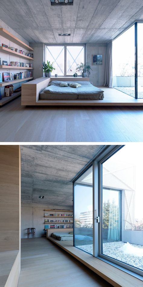 OFIS Architects have designed Villa Criss-Cross Envelope, a home for a family in Ljubljana, Slovenia. Bedroom Platform, Bed Platform, House Villa, Interior Bedroom, Bilik Tidur, غرفة ملابس, Hus Inspiration, Trendy Bedroom, Bedroom House