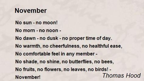 No sun - no moon!  No morn - no noon -  No dawn - no dusk - no proper time of day. November Poem, Hunter Quote, Poetry Wall, Thomas Hood, Time Of Day, Book Quotes, Poetry, Moon, Google Search