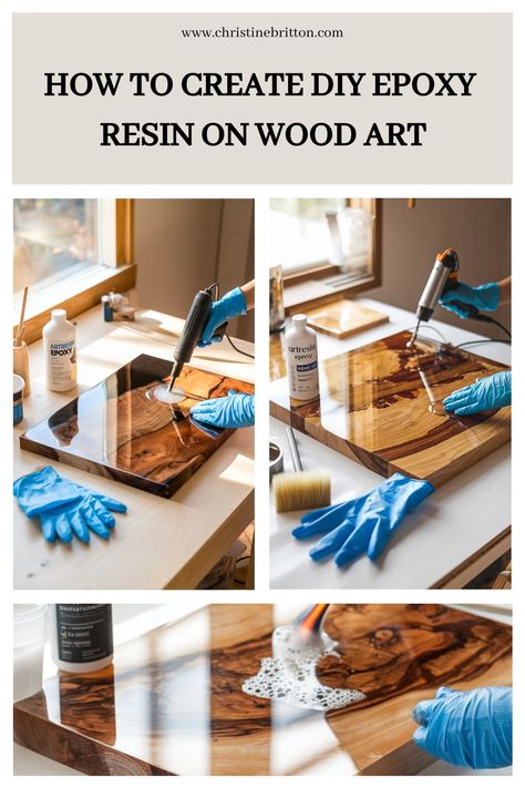 Steps for creating DIY epoxy resin on wood art, showing gloves, resin application, and final glossy finish. Epoxy Resin Crafts Wood Diy, Epoxy Resin And Wood Crafts, Step By Step Resin Art, Working With Resin For Beginners, Beginner Resin Crafts, Epoxy Resin Techniques, Epoxy Resin Art Wood, Diy Resin Art For Beginners, Epoxy Ideas Diy