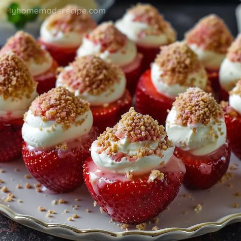 Strawberry Cream Cheese Deviled Eggs, Deviled Egg Strawberries, Easy Cheesecake Deviled Strawberries, Yummy Birthday Desserts, Cream Cheese Deviled Strawberries, Strawberry With Cream Cheese Filling, Dessert Deviled Eggs, Cheesecake Deviled Strawberry Platter, Strawberry Deviled Eggs Cheesecake