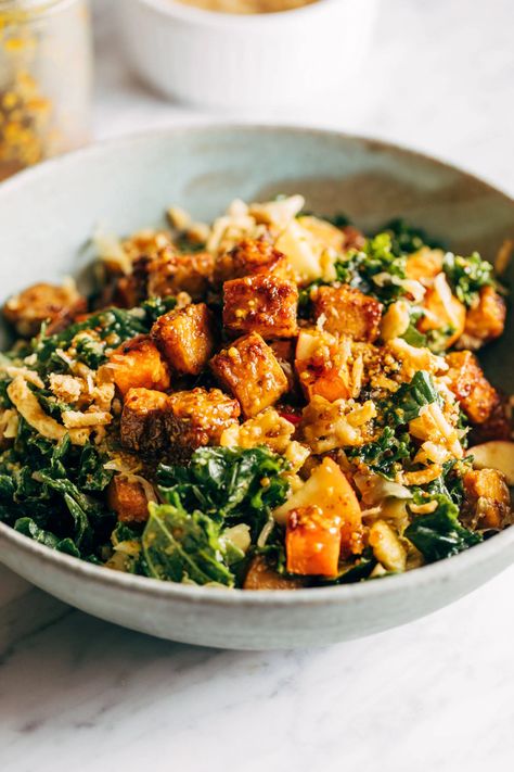 Mustard Tempeh, Vegan Bowl Recipes, Vegan Tempeh, Massaged Kale, Fall Vegan Recipes, Maple Mustard, Tempeh Recipes, Tofu Dishes, Salad With Sweet Potato