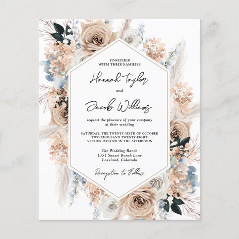 This Budget Paper Dusty Blue Floral Boho Wedding Invitation is trending in a trending color palette of dusty blue, beige and champagne. It features beautiful detailed romantic watercolor roses and florals with pampas grass. This lovely color palette is perfect for a spring, summer or fall wedding. Personalize with all of your wedding details. Dusty Blue Champagne Wedding, Blue Champagne Wedding, Blue Fall Wedding, Western Invitations, Wedding Qr Code, Wedding Themes Spring, Blue Champagne, Navy Blue Wedding Invitations, Budget Wedding Invitations