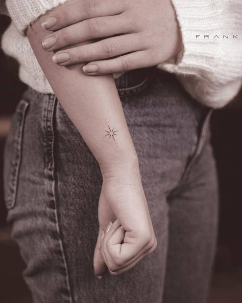 Minimalist North Star tattoo on the wrist. Simple Line Star Tattoo, Fine Line Tattoo Side Of Wrist, North Star Matching Tattoos, Small Fine Line Star Tattoo, Minimal North Star Tattoo, Minimalist North Star Tattoo, North Star Tattoo Wrist, Wrist Star Tattoos For Women, Minimalistic Wrist Tattoo