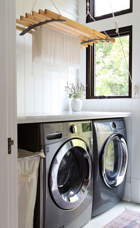 Design Discussion : Stacked Laundry Units - roomfortuesday.com Polish Farmhouse, Budget Laundry Room Makeover, Laundry Room Addition, Stacked Laundry, The Grit And Polish, Grit And Polish, Stacked Laundry Room, Farmhouse Laundry, Farmhouse Laundry Room