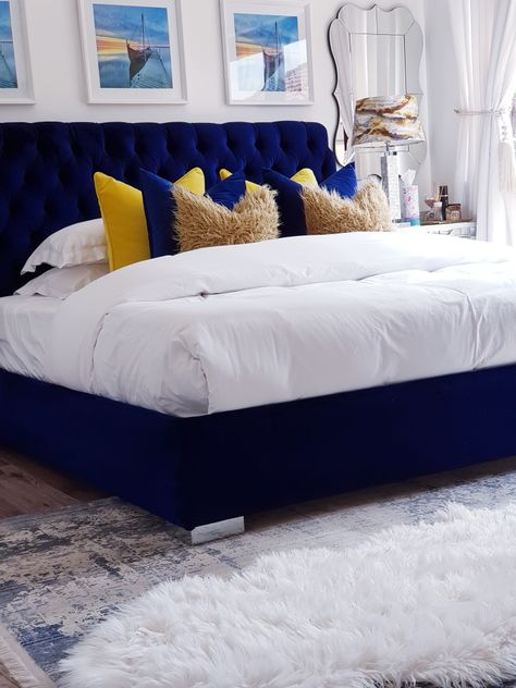 Royal Blue Headboard, Navy Room Ideas Bedrooms, Blue Bed Frame Bedroom Decor, Royal Blue Bedroom Ideas For Couples, Royal Blue And Gold Bedroom Ideas, Royal Blue Bedding Ideas, Royal Blue Bed Frame Bedroom Ideas, Cobalt Blue Bedroom Ideas, Royal Blue Bed