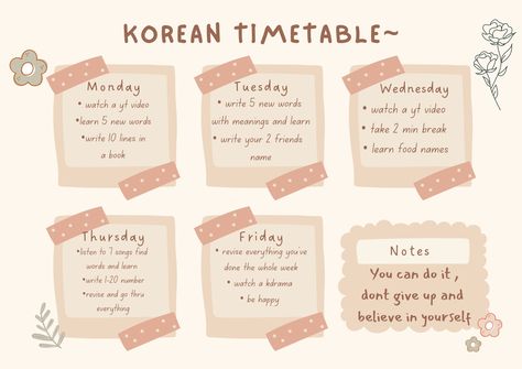 I hope you like this cute timetable Mae by me ✨ and please support me 💜 Cute Timetable, Korean Learning, Korean Student, Happy Everything, Book Names, Language Learners, Learning Languages, Don't Give Up, New Words