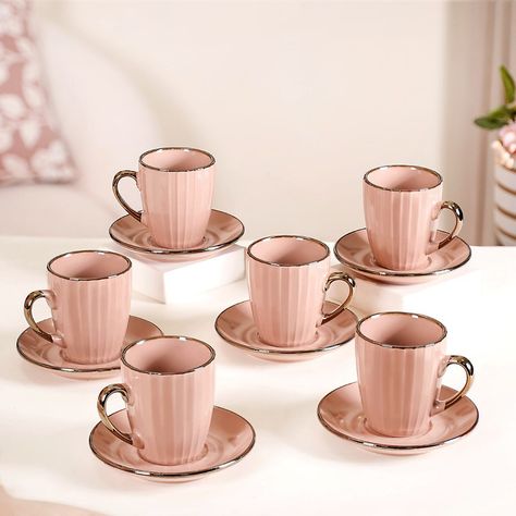 Spilling the tea never looked this stylish! ☕😉 Shop now and make your Eid moments picture-perfect with our exquisite cups and mugs. 🛍️☪️ Products included: 1. Lavish Gold Teacup Set Of 6 Blue 280ml 2. Emirati Gold Teacup Set Of 6 Coral Pink 280ml 3. Golden Mirage Cup Set Of 6 280ml 4. Emirati Gold Tea Cup Set Of 6 Green 280ml 5. Cup With Spoon Set Of 6 Glossy Dark Green 350ml 6. Set Of 6 Green Ceramic Cup For Coffee 330ml 7. Set Of 6 Embossed Blue Coffee Mug 330ml 8. Nori Cup And Saucer Se... Hygge Coffee, Breakfast Presentation, Fill Your Cup, Gold Tea, Blue Coffee Mugs, Teacup Set, Unique Breakfasts, Champagne Pink, Pink Cups