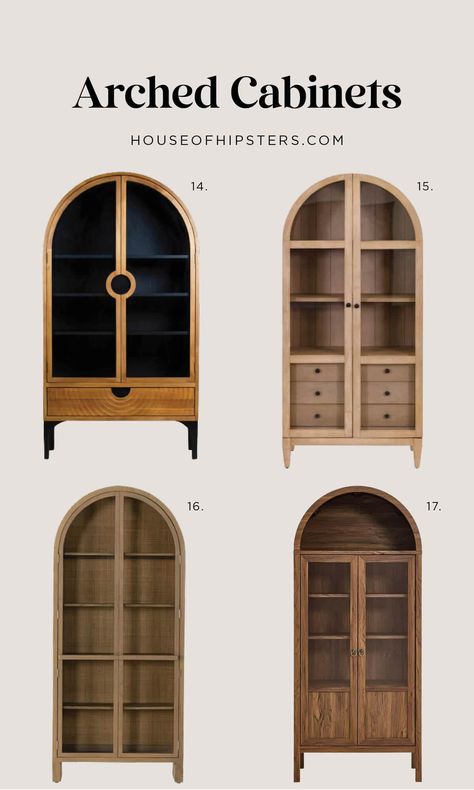 Beautifully designed arched cabinets with glass doors and spacious storage for the living room. Shop the round up. Arch Cabinets, Arched Cabinets, Vintage House Interior, Crockery Cabinet Design, Cozy Neutral Living Room, Arched Cabinet, Hipster Home Decor, Crockery Cabinet, Cabinets With Glass Doors