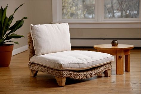 Serentiy Chair | Harmony In Design Virginia Cottage, Harmony In Design, Zen Furniture, Bohemian Chair, Meditation Chair, Meditation Corner, Meditation Rooms, Cream Cushions, Zen Room