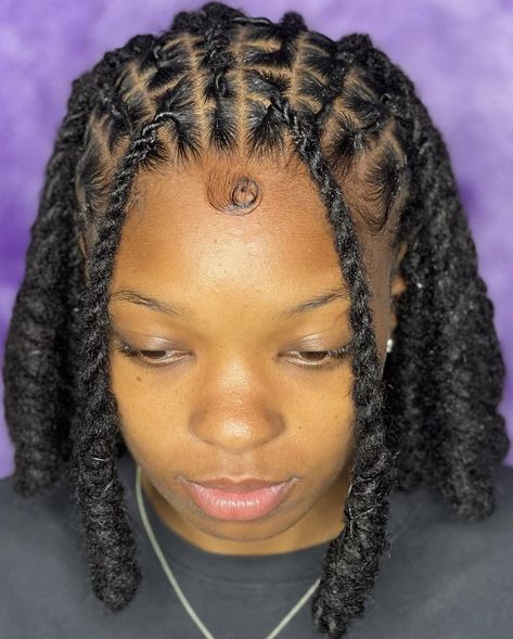 Cute Easy Dread Hairstyles, Cross Cross Loc Style, Picture Day Loc Styles, Dread Hairstyles For Women Black Updo, Retwist Locs Style Half Up Half Down, Rope Twist Microlocs, Loc Styles Women Medium, Dread Loc Style, Dreadlock Two Strand Twist Styles