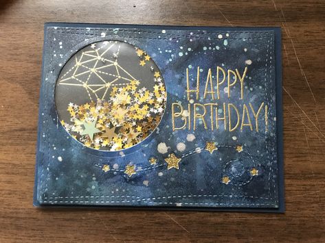 Birthday card. Shaker card. Galaxy. Space Themed Card Ideas, Galaxy Cards Ideas, Star Birthday Cards, Space Themed Birthday Card, Space Cards Ideas, Galaxy Scrapbook, Moon Birthday Card, Astronomy Crafts, Space Birthday Card