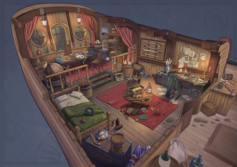 Interior Concept Art, Pirate Ship Art, Pirate Room, Captains Quarters, Pirate Boats, Navi A Vela, Ship Map, Old Sailing Ships, Pirate Art