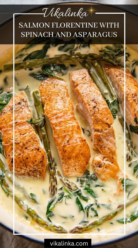 Feast like Italian royalty with this Salmon Florentine with Spinach and Asparagus recipe. A sauce rich with creaminess and pleasingly fleshy pink fish makes this super easy salmon recipe a nutritious dish heavily disguised by decadence. Florentine Sauce, Salmon Florentine Recipe, Salmon Florentine, Vikalinka Recipes, Italian Royalty, Easy Salmon Recipe, Food Substitutions Healthy, French Royalty, Easy Salmon Recipes