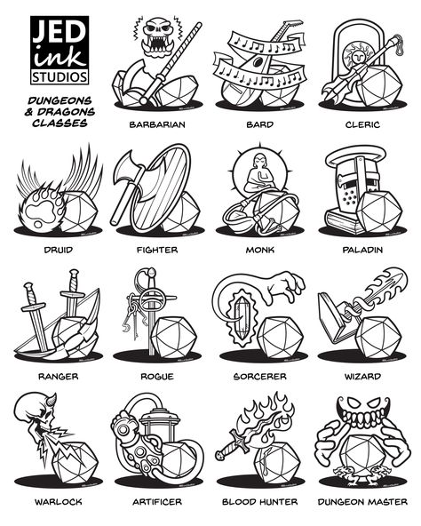 Dnd 20 Dice Drawing, D&d Class Symbols, Dnd Symbol Art, Dnd Character Classes, Dnd Class Stickers, Dnd Bard Tattoo, Simple Dnd Tattoo, Dnd Class Art, Dnd Map Icons