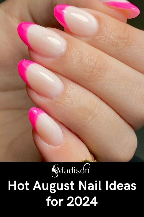 august nails 2024 #AugustNails2024 #SummerNailTrends #ChicManicure #NailArtIdeas #TrendyNails #2024NailDesigns #NailInspo #StylishNails #SummerBeauty #NailGoals Neon Pink Nails Almond Shape, Bright Pink French Tip Nails Almond, Hot Pink And Orange Nails French Tip, Almond Nails Hot Pink French Tip, Fushia French Tips, Fuchsia French Tip Nails, Dark Pink Nails Almond, French Hot Pink Nails, French Tip Hot Pink Nails