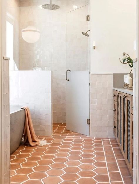 Hacienda Primary Bathroom Design Plan - Jenna Sue Design Terracotta Bathroom, Basement Bathroom Remodeling, Ideas Baños, Terracotta Floor, Contemporary Shower, Basement Bathroom, Bathroom Renos, Barndominium, Walk In Shower