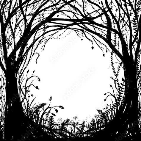 Stock Image: Hand drawn enchanted forest. Vector halloween black and white frame Halloween Black And White, Forest Vector, Halloween Borders, Forest Drawing, Forest Silhouette, Lino Art, Halloween Frames, Landscape Quilt, Halloween Silhouettes