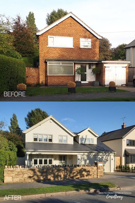 The exterior of this red brick house has been transformed with a rendered finish and natural slate roof, combined with a soft tonal colour scheme. New windows with an Edwardian feel complement perfectly the new statement front door. The porch has been extended over the garage which has also seen the addition of a double storey extension with gable window. Rendered Brick House, Extension Over Garage Uk, Exterior House Remodel Uk, 1970s House Extension, Double Storey Front Extension, Part Rendered Part Brick House, Uk House Exterior Makeover, Coloured Windows Exterior, 1970 Exterior House Remodel