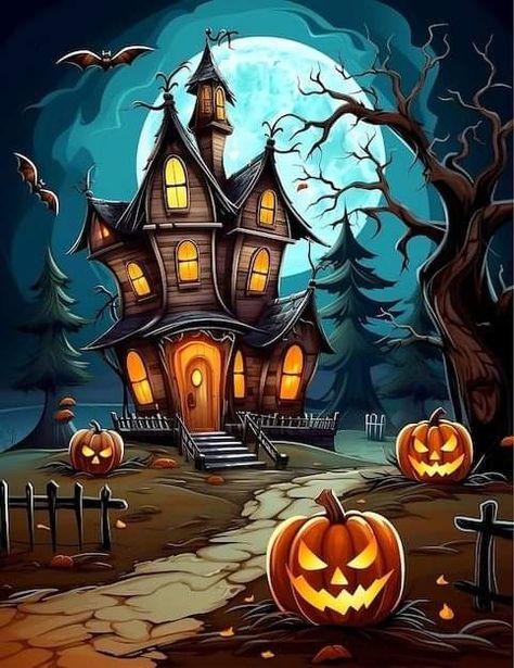 Procreate Halloween Drawing, Halloween House Illustration, Halloween Scene Drawing, Happy Halloween Drawings, Halloween Pics Aesthetic, Halloween House Drawing, Halloween Pictures Aesthetic, Cartoon Haunted House, Minion Aesthetic