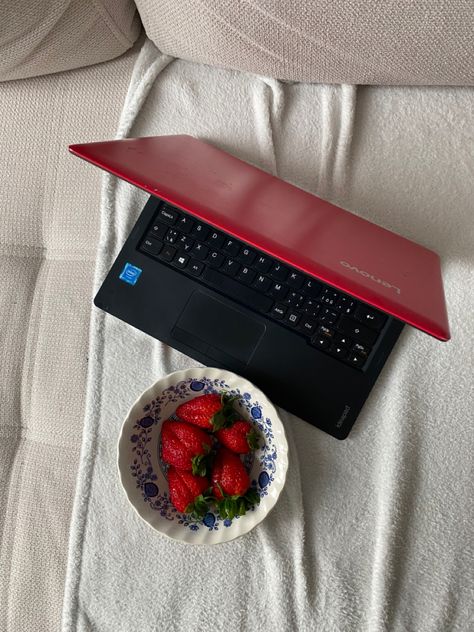 Strawberries Studying College University life Exam season Snack Fruit Bowls Couch Livingroom Spring School Study session Motivation Inspiration Red Aesthetic Laptop Sweet Afternoon Work Clean Home Red Laptop Aesthetic, Red Study Aesthetic, Red School Aesthetic, Red Aesthetic Laptop, Exam Season Aesthetic, Red Korean, Winter Semester, Dorm Aesthetic, Exam Season