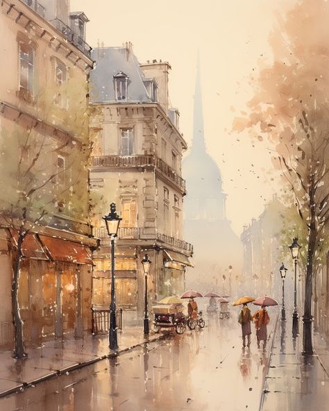 Soft Watercolor Paintings, City Watercolor Painting, Vintage Paris Aesthetic, Vintage Style Painting, Watercolor Paris, Rainy Paris, Paris Watercolor, Painting Paris, Paris Streets