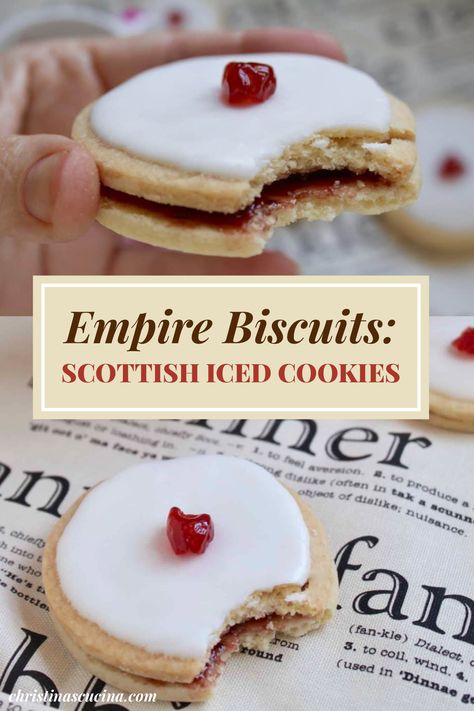 Empire Biscuits Recipe, Scottish Biscuit Recipes, English Desserts British, Scottish Cookie Recipes, Empire Cookies Recipe, Empire Biscuits Scottish, Scottish Baking Recipes, British Tea Biscuits, Scottish Recipes Dessert