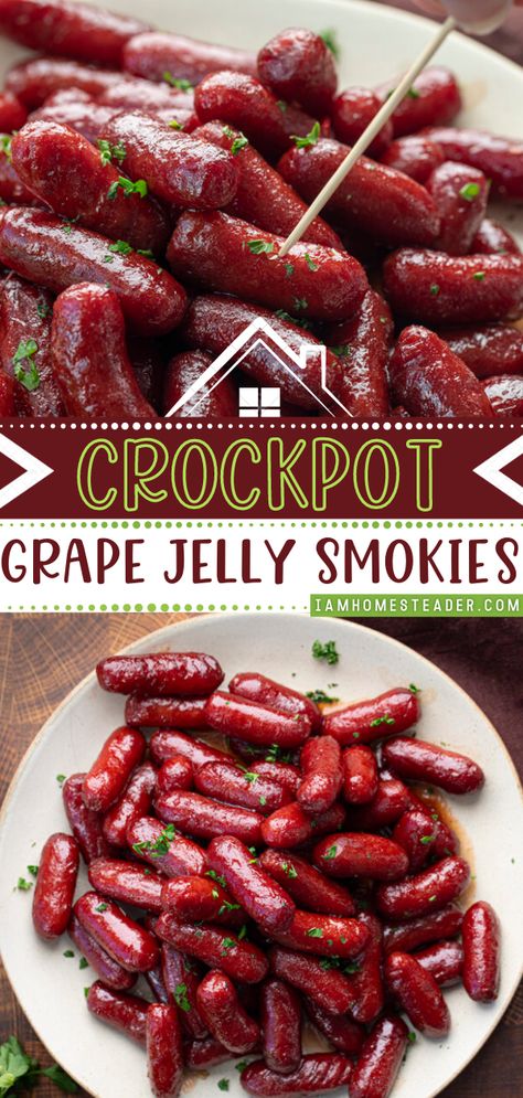 Smoked Weenies, Grape Jelly Smokies, Smokies With Grape Jelly, Grape Jelly Bbq Sauce, Crockpot Lil Smokies, Cocktail Sausage Recipes, Grape Jelly Chili Sauce, Bbq Little Smokies, Little Smokies Recipes