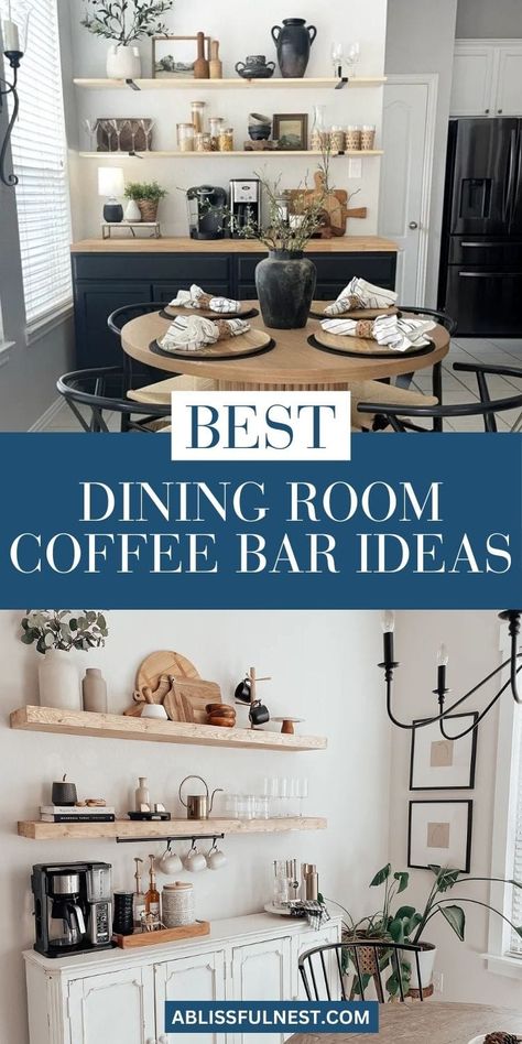 Embrace the trend of dining room coffee bar ideas and create a functional and inviting space for your morning routine or after-dinner drinks. Fill it with your favorite coffee essentials, stylish mugs, and delicious treats for a personalized touch. Get inspired to create a unique and inviting gathering spot in your dining room. #diningroomdecor #coffeebar #homedecor Dining Room Coffee Bar Ideas, Dining Room With Coffee Bar, Coffee Bar In Dining Room, Dining Room With Bar Area, Dining Room Conversion Ideas, Formal Dining Room Ideas Alternative, Breakfast Area Decor, Coffee Bar Dining Room, Small Breakfast Bar