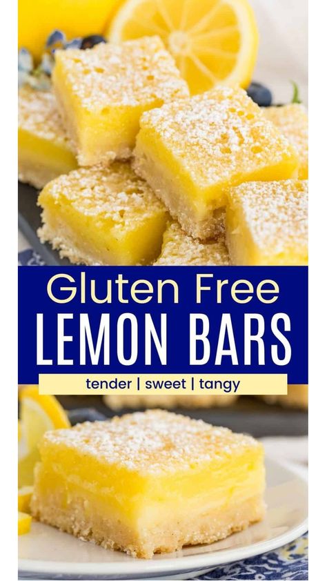 Gluten Free Lemon Bars are an easy lemon dessert bursting with tangy citrus flavor! This spring recipe is perfect Easter or Mother's Day! Gluten Free Recipes Desserts Easy, Gluten Free Sweet Treats, Gf Desserts For A Crowd, Gluten Free Lemon Bars Recipe, Travel Friendly Desserts, Glutton Free Desserts Easy Recipes, Dessert Recipes Gluten Free, Gluten Free Egg Free Desserts, Gluten Dairy Free Desserts