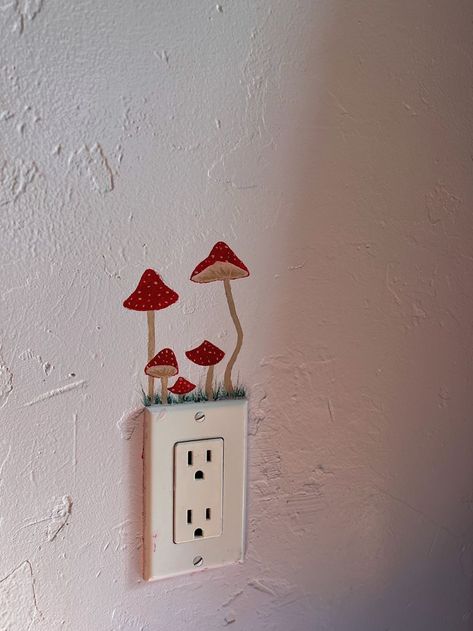 Painted Mushrooms On Wall, Mushroom Wall Art Paint, Wall Painting Around Window, Bedroom Mushroom Aesthetic, Mushroom Dresser Painting, Mushroom Painting On Wall, Painting Around Light Switches, Mushroom Door Painting, Vintage Wall Painting Ideas